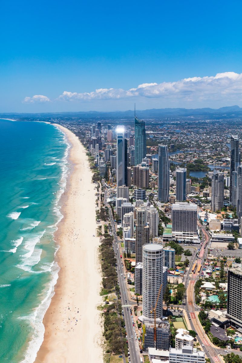 Vertical aerial view of Surfers Paradise on the Gold Coast, Queensland, Australia